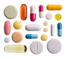 Various colored pills and capsules isolated on a transparent background