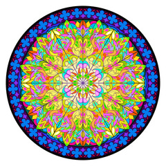 Gothic rose in medieval cathedral. Beautiful colorful stained glass window. Gothic architectural style. Architecture in French churches. Middle ages in Western Europe. Hand drawn vector.