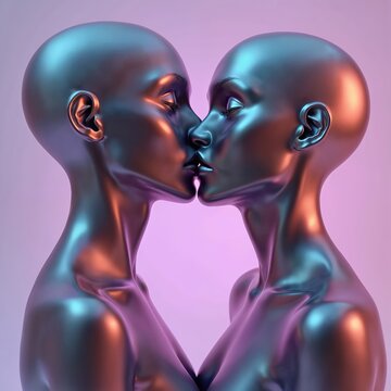 Two metallic figures share an intimate kiss. Their faces merge, symbolizing codependency and a shared psyche. This abstract art explores human connection and identity.