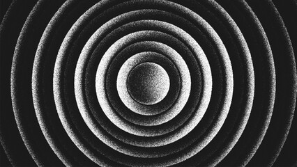 Geometric stippling design with layered concentric circles. Minimalist black and white artwork rendered through fine stippling dots with rhythm, symmetry, visual depth and optical vibration. Vector