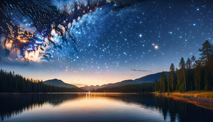 Pixelated Nightscape A Pixel Art Depiction Of A Serene Night Scene With Shooting Stars Streaking Across The Sky Over A Tranquil Lake Creating A Sense Of Wonder And Peacefulness