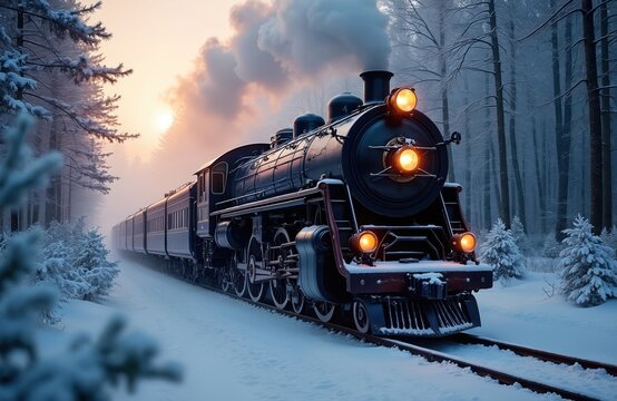 Vintage steam train travels through snowy forest at dusk. Powerful locomotive pulls passenger cars on tracks. Winter journey through cold remote landscape.
