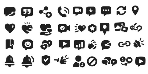 Social media and communication icon set. Modern bold glyph symbols for chat, love, video, notifications, and sharing. Customizable vector assets for mobile apps, web UI, and digital marketing