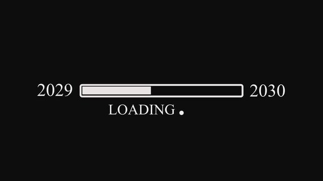 Loading Bar Progressing from 2029 to 2030 with White Text on Black Background bar chart progress bar