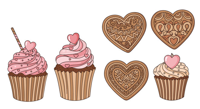 Sweet collection of heart shaped gingerbread cookies and pink frosted cupcakes decorated with tiny hearts for valentines day celebrations.