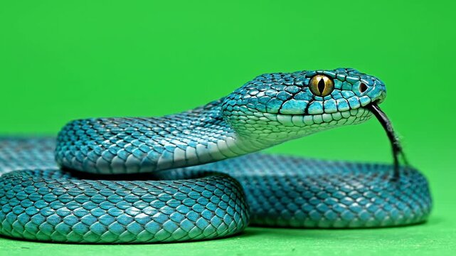 Close-up of a striking blue viper snake with its tongue flicking.