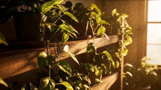 Golden pothos plants on wooden shelves near window in warm sunlight indoors, creating a tranquil, cozy, and peaceful atmosphere, featuring natural light.