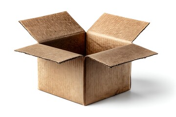 Cardboard box with partially open flaps isolated on white background dynamic angle realistic texture logistics concept stock photo, Realistic Photo