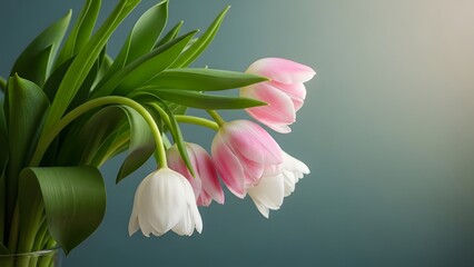 Pink and white tulip flowers in a vase with green leaves