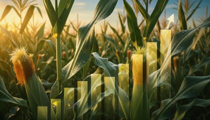Cornfield with dew drops and bar graph symbolizes prosperity and growth