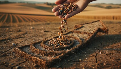 Corn Seeds Pouring onto Exponential Growth Arrow in Rich Soil Structure