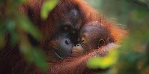 Obraz premium Mother orangutan cares for her baby in a forest setting during the day