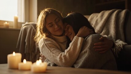 Candid moment of two women lesbian embracing with deep emotional connection and comfort in a warm, candlelit home setting, symbolizing support and love