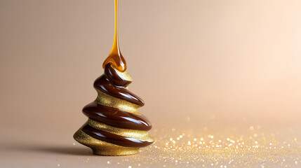 Chocolate christmas tree dessert covered with flowing caramel, festive sweet candy sculpture with glitter sprinkles, minimal composition with copy space for holiday banners packaging and advertising
