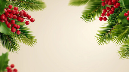 Christmas evergreen branches with holly berries and pine cones framing soft blurred background, festive winter decoration with copy space for banners, greetings, branding and seasonal design