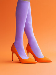 Orange high heel shoes worn with lilac tights on minimal studio background, modern fashion footwear styling, bold color contrast concept for trends, design, advertising and editorial use
