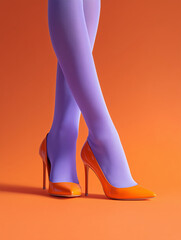 Orange high heel shoes worn with lilac tights on minimal studio background, modern fashion footwear styling, bold color contrast concept for trends, design, advertising and editorial use