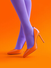 Orange high heel shoes worn with lilac tights on minimal studio background, modern fashion footwear styling, bold color contrast concept for trends, design, advertising and editorial use
