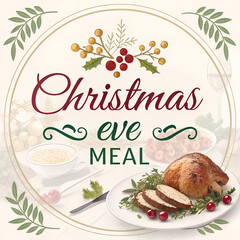 Traditional Christmas Eve Dinner Table, Classic Christmas Eve Family Meal, Festive Christmas Eve Food Spread, Traditional Holiday Feast on Christmas Eve, Cozy Christmas Eve Dinner with Traditional Foo