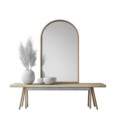 Minimalist Interior with Wooden Bench and Mirror