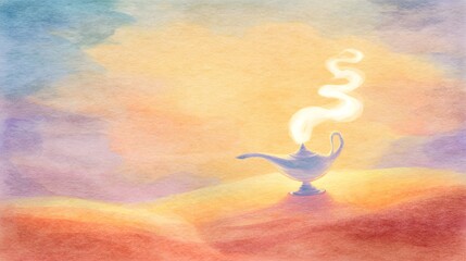Magical wish lamp rises above desert sand bathed in warm sunset glow watercolor art