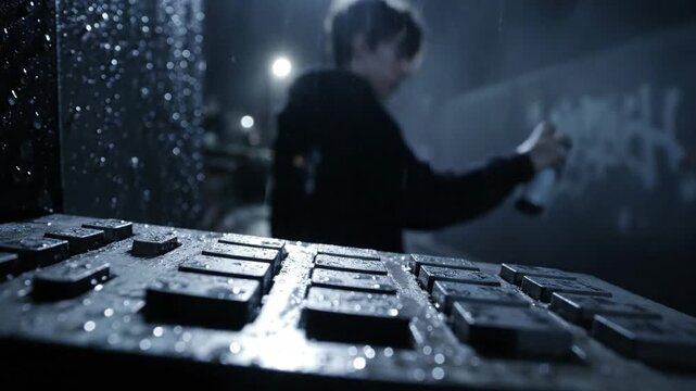 One person using public phone booth in the rain at night. Dark, bokeh, city.