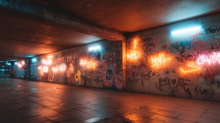 Urban space with street art and neon signs at night in a city