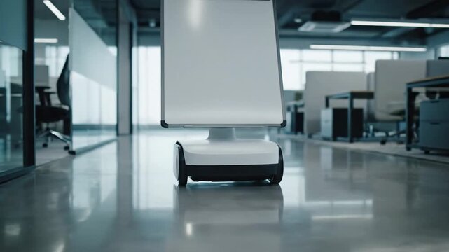 Autonomous robot with blank screen in a modern office, automation technology.