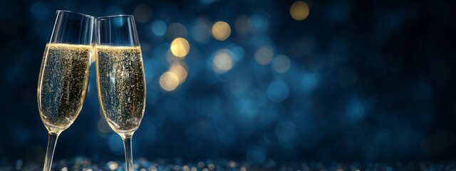 Elegant Champagne Glasses Clinking with Bubbles and Sparkling Light Effect in Night Celebration Scene