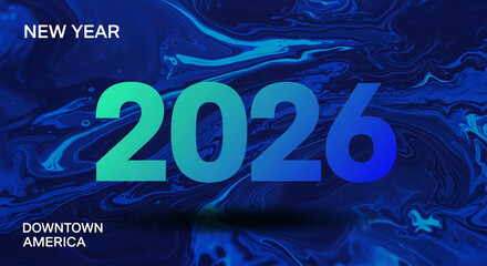 Gradient number against abstract dark blue liquid texture, displaying New Year 2026 celebration. It represents hope, future planning, and new beginning