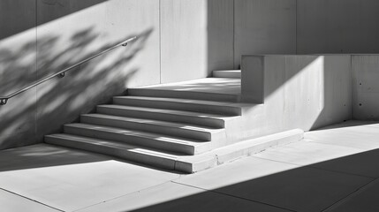 Stairs leading up to a flat surface in a gray concrete structure with shadows