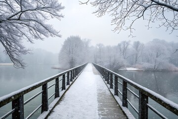 Snowy bridge over serene lake on a foggy winter day with bare trees