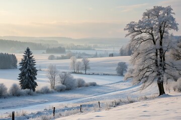Serene winter landscape with snow-covered trees and rolling hills at sunrise