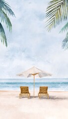 Tropical Beach Watercolor Illustration Relaxed Summer Scene Deckchairs and Parasol Minimal Design