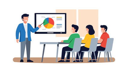 Obraz premium Modern flat vector illustration of business presentation in office meeting room with presenter and audience, friendly design, ideal for training materials