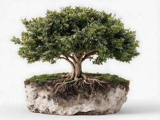 Young sapling tree with roots visible isolated on white background eco concept high detail leaves and soil texture centered composition stock image, Realistic Photo