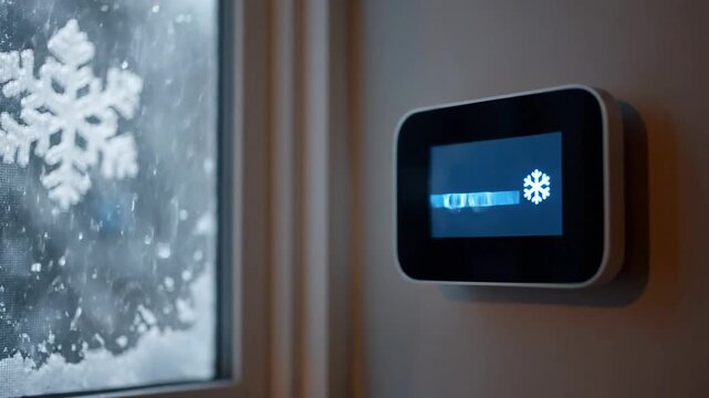 Comfortable thermostat reading indoors during winter snow. Snowflake decoration on window at home.