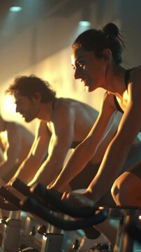 Energetic group of fitness enthusiasts in a spinning class, captured from a low perspective with warm light to emphasize the powerful and motivational vibes of a corporate gym workout vertical 9:16