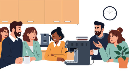Modern flat vector illustration of coworkers chatting during office coffee break near kitchen area, friendly rounded shapes, ideal for lifestyle business content