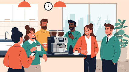 Modern flat vector illustration of coworkers chatting during office coffee break near kitchen area, friendly rounded shapes, ideal for lifestyle business content