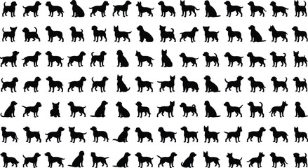 Dog silhouette mega collection showing multiple breeds poses walking standing sitting isolated on white background pet animal vector set