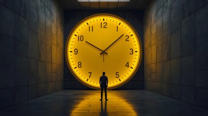 A man stands in a dark, concrete corridor, dwarfed by a massive, glowing yellow clock that fills the far wall, symbolizing the imposing and relentless nature of time.