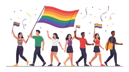 LGBT Pride Parade Celebration or People Walking with Rainbow Flags
