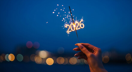 Hand holding a sparkler with the number 2026 against a dark blue sky with bokeh, representing New Year's Eve or a celebratory occasion.
