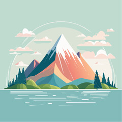 A stylized illustration of a mountain landscape with a snow-capped peak, trees, and a body of water.