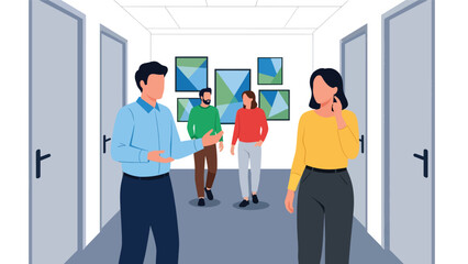 Modern flat vector illustration of coworkers walking and talking in office hallway, friendly rounded shapes, ideal for workplace culture visuals
