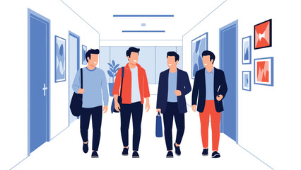 Modern flat vector illustration of coworkers walking and talking in office hallway, friendly rounded shapes, ideal for workplace culture visuals