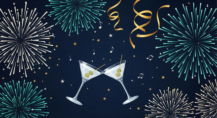 Illustration of two martini glasses toasting, set against a dark blue background with star shapes and colorful firework bursts, representative of celebration