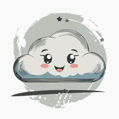 Cute cartoon cloud with a happy face and stars in the background.