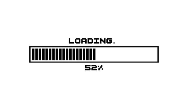 Retro game loading screen, dot characters, progress bar, Animation of flickering loading and complete text and bar on White background